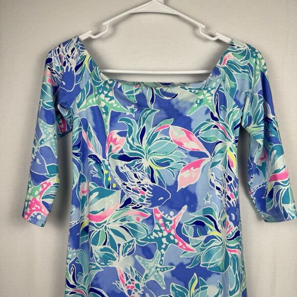 Lilly Pulitzer Dress XS Blue Multicolor Off Shoulder Tropical Fish Starfish - Picture 1 of 15